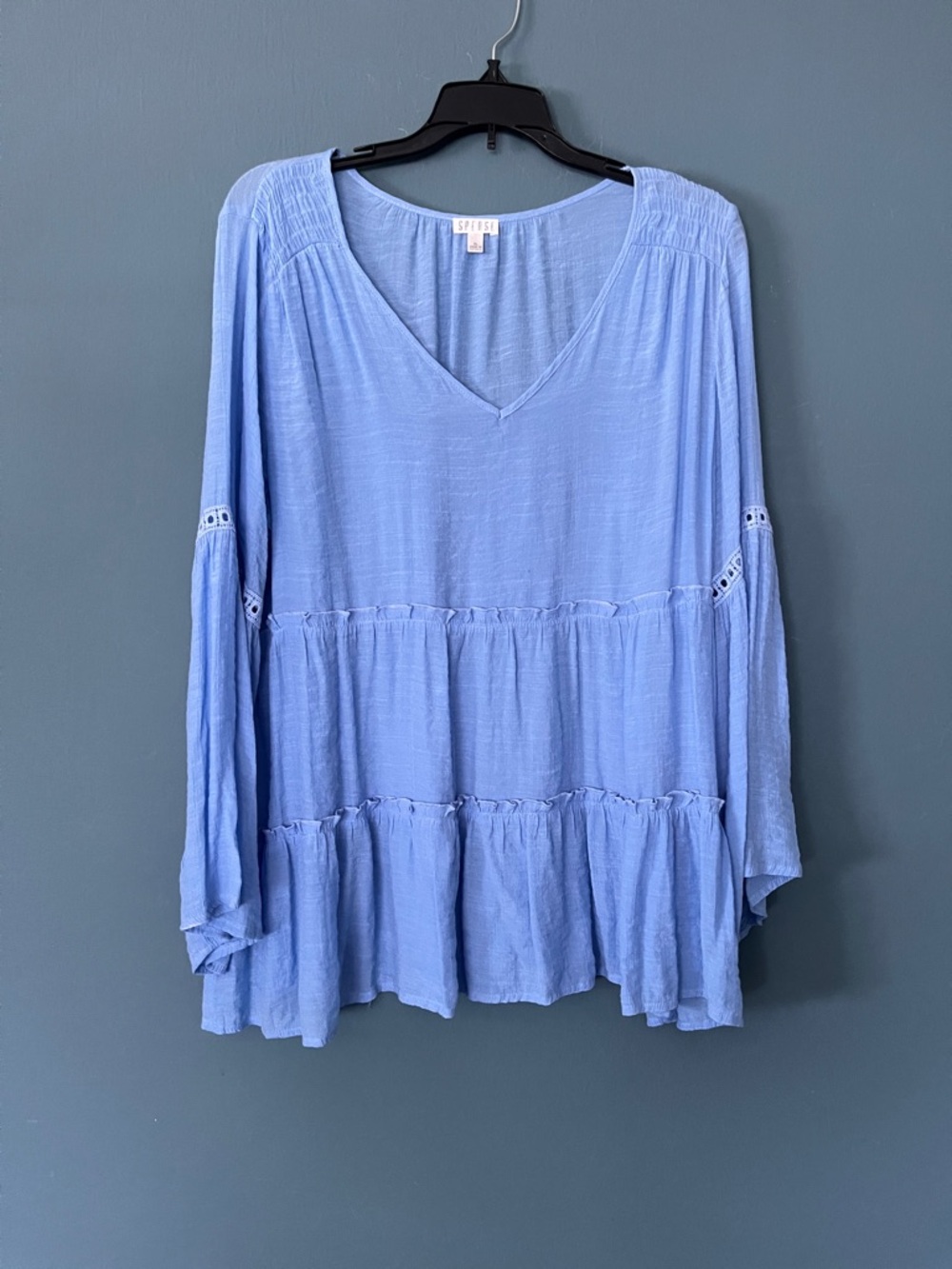Spense Light Blue V-Neck Tiered Ruffle Tunic